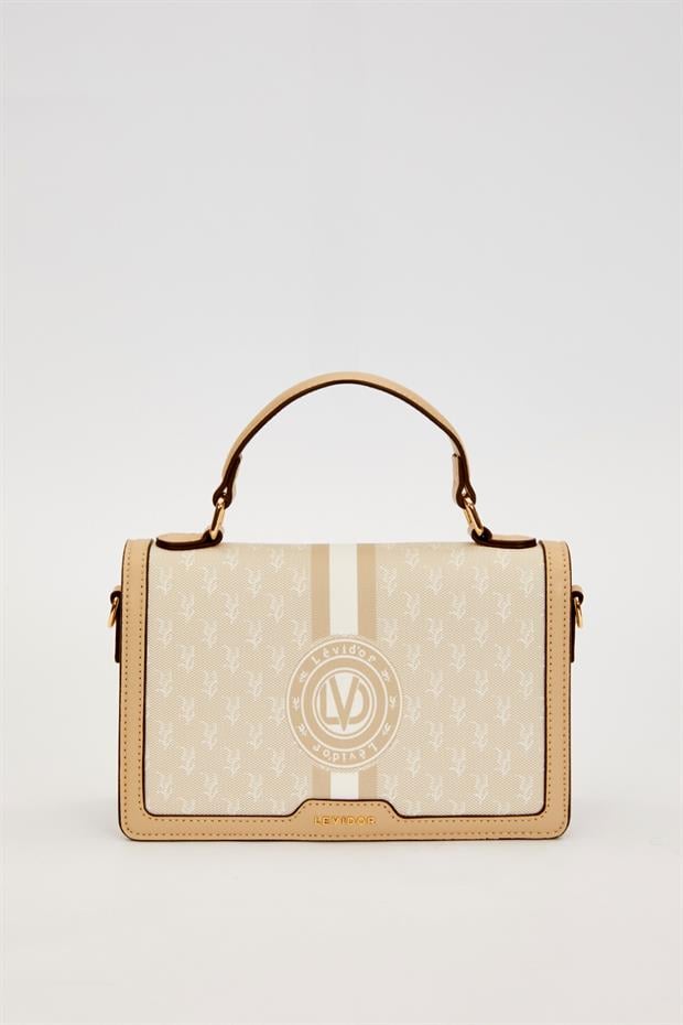 Krem Logolu Monogram Desen El Çantası