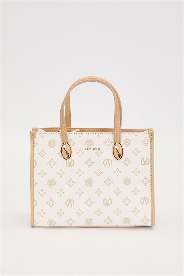 Krem LVD Baskılı El Çantası