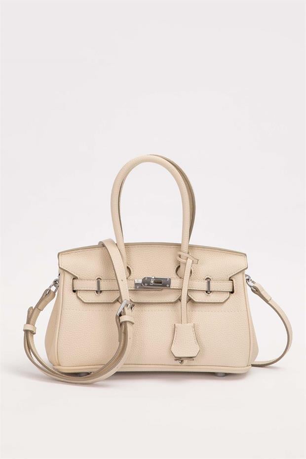 Krem Mini Kilit Detaylı El Çantası
