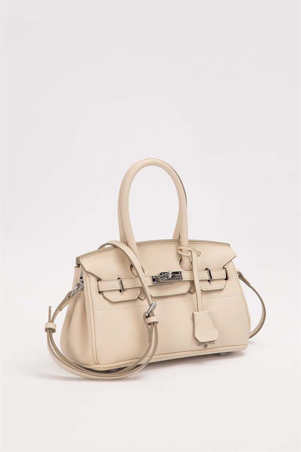 Krem Mini Kilit Detaylı El Çantası