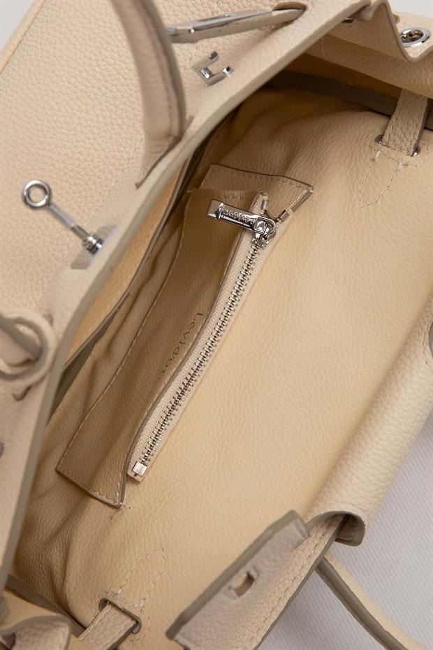 Krem Mini Kilit Detaylı El Çantası