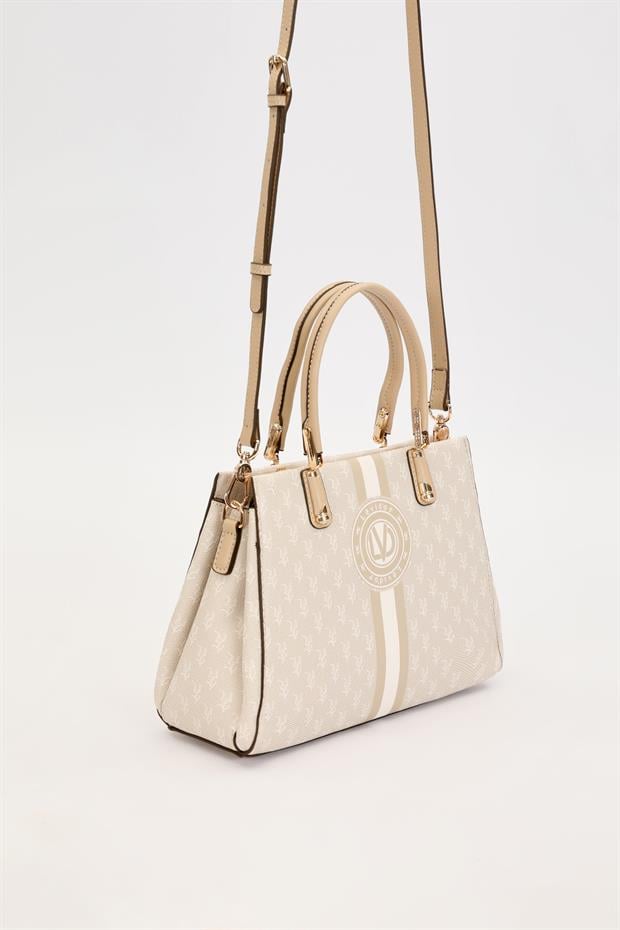 Krem Monogram Desenli El Çantası