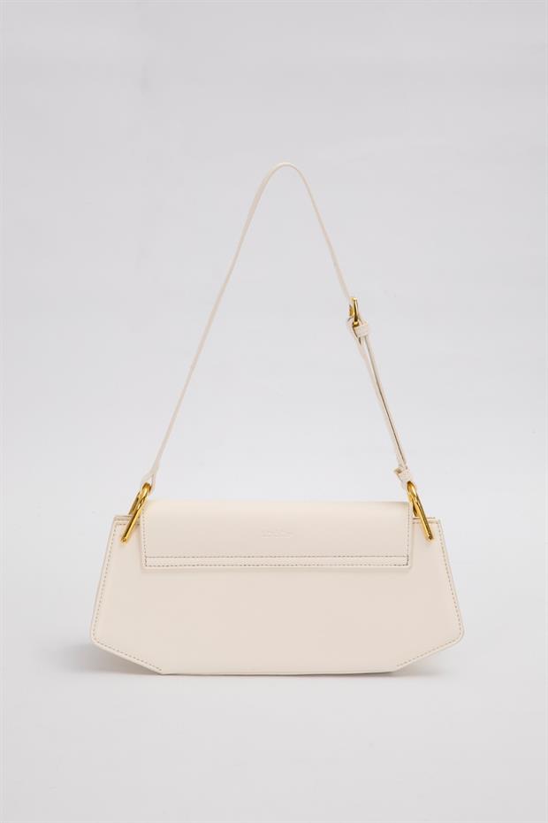 Krem Oval Gold Aksesuarlı Omuz Çantası