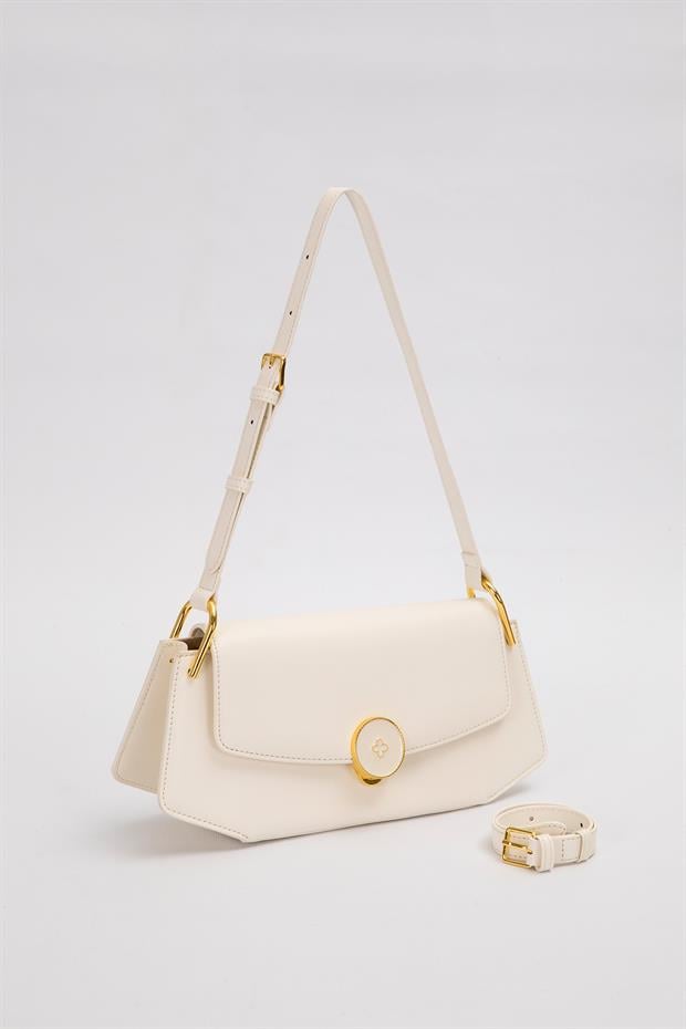 Krem Oval Gold Aksesuarlı Omuz Çantası