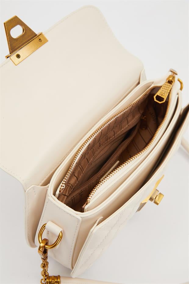 Krem Oval Kapitone Desen Omuz Çantası