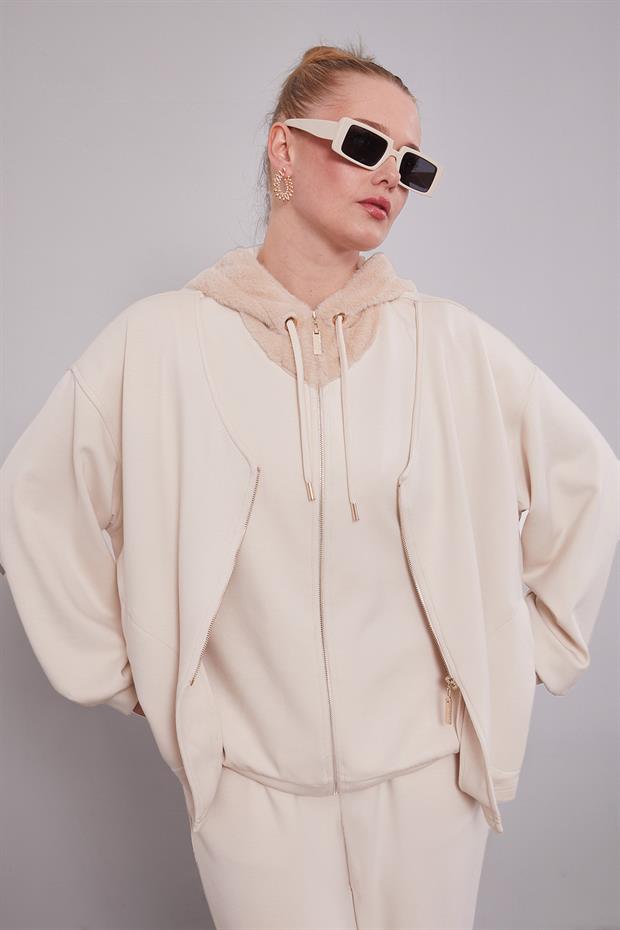 Krem Peluş Şapkalı İkili Takım