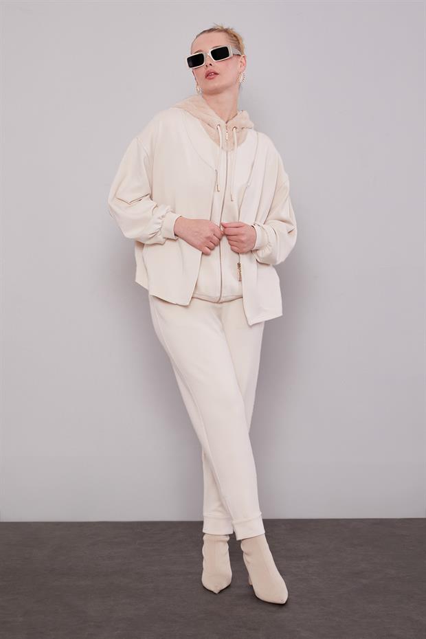 Krem Peluş Şapkalı İkili Takım