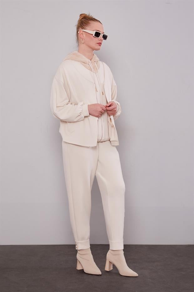 Krem Peluş Şapkalı İkili Takım