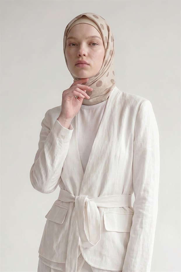 Krem Puantiyeli Twill İpek Eşarp