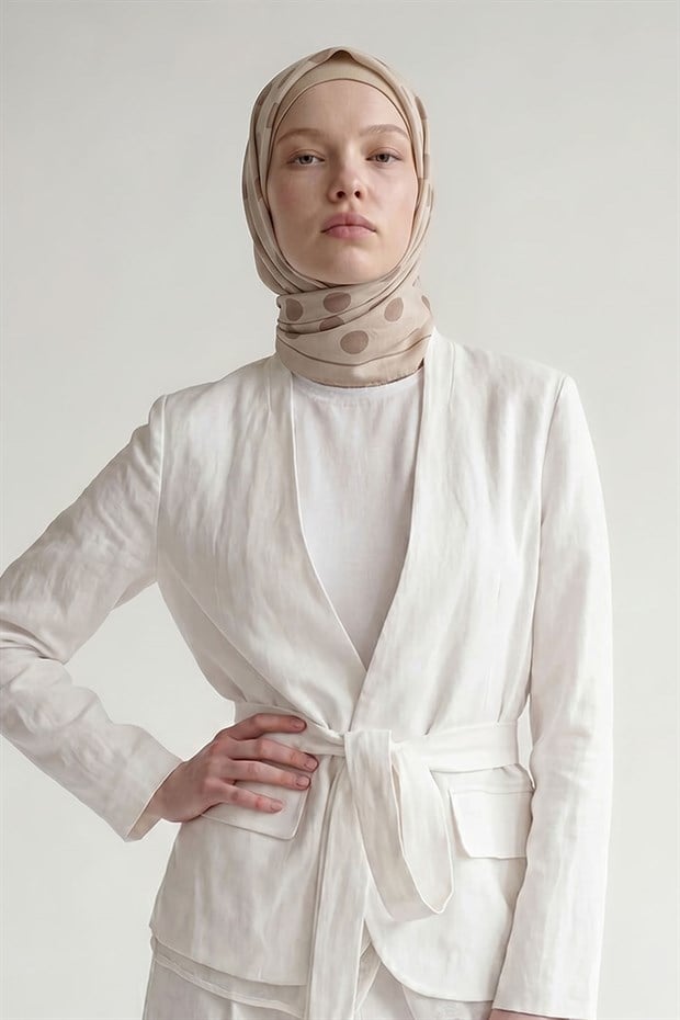 Krem Puantiyeli Twill İpek Eşarp