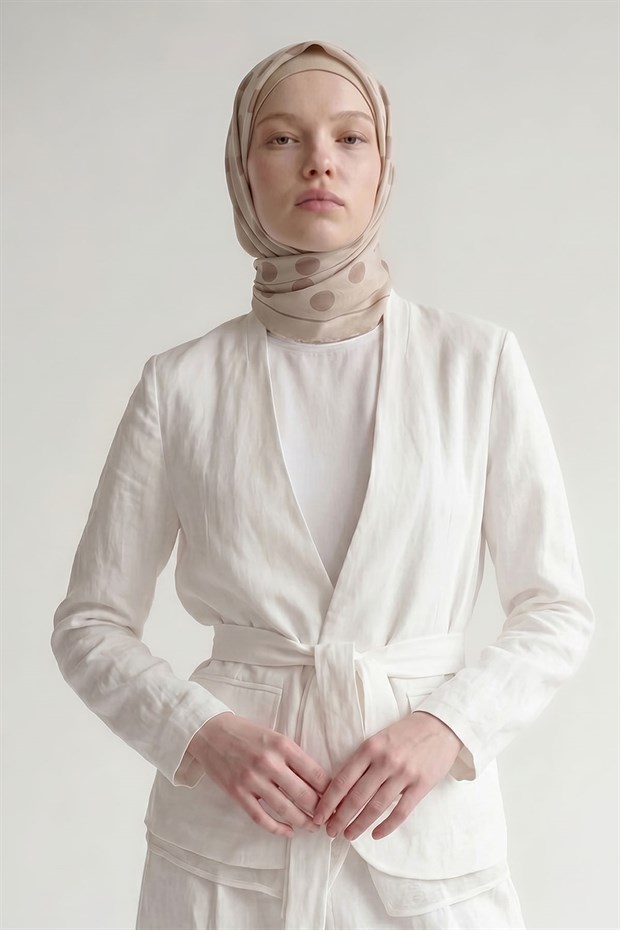 Krem Puantiyeli Twill İpek Eşarp