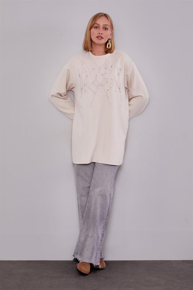 Krem Pul Detaylı Sweatshirt