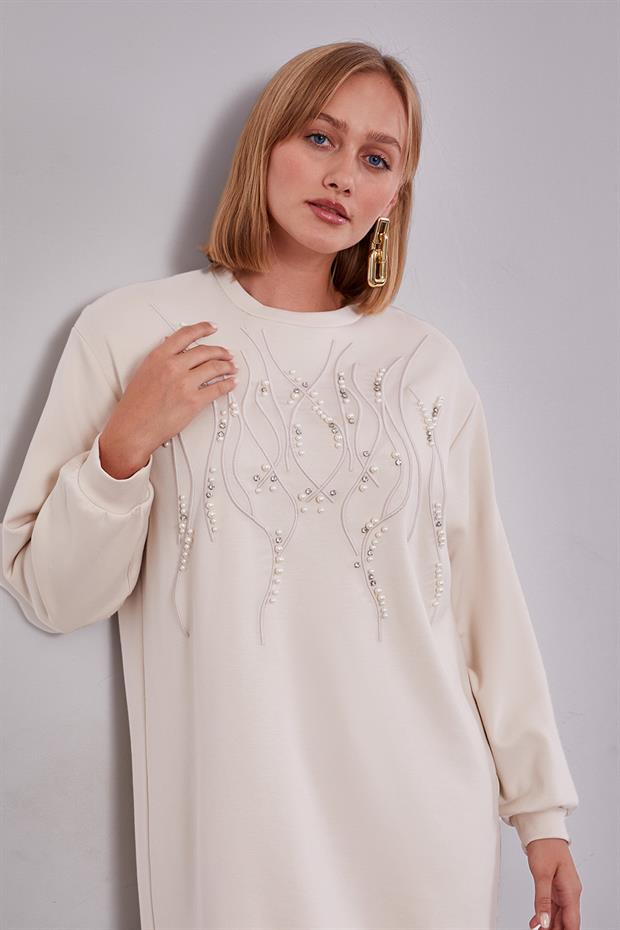 Krem Pul Detaylı Sweatshirt
