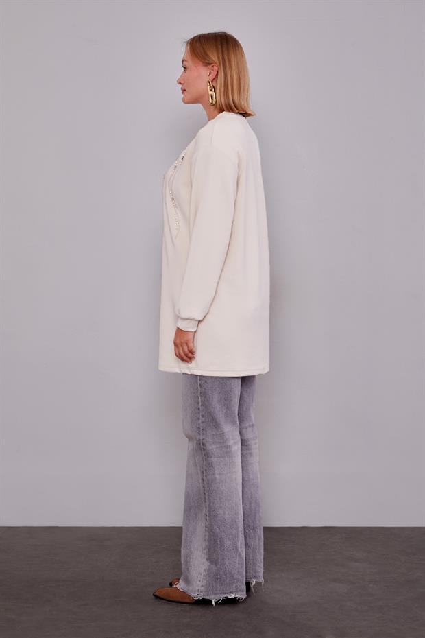 Krem Pul Detaylı Sweatshirt