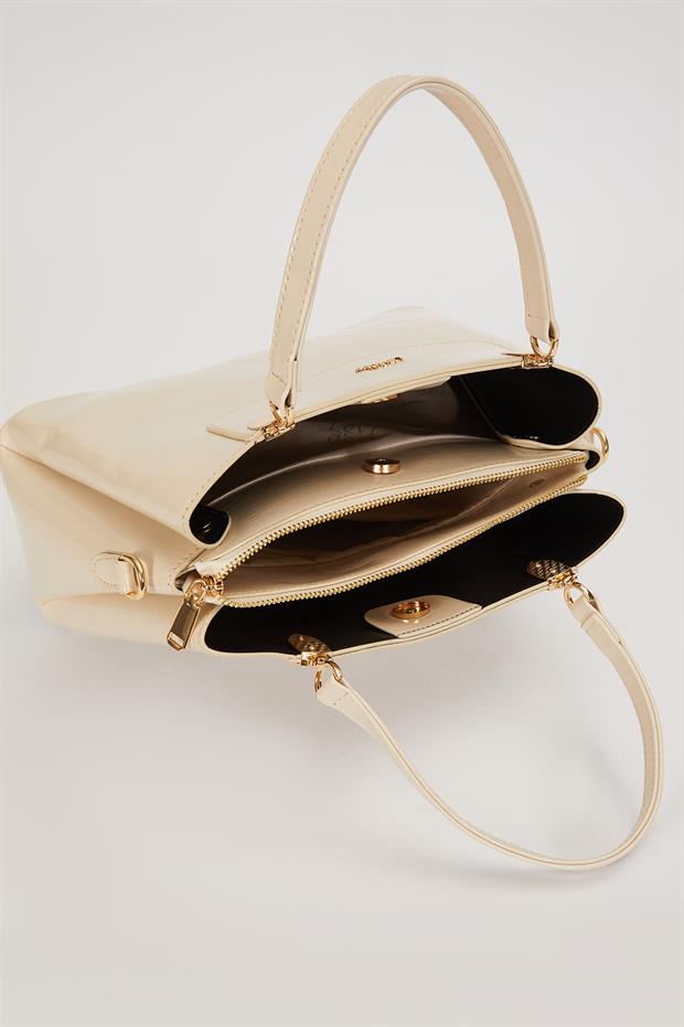 Krem - Rugan Üç Bölmeli El Çantası