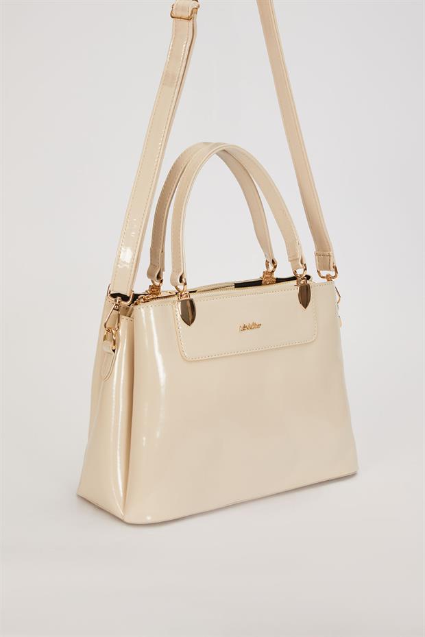 Krem - Rugan Üç Bölmeli El Çantası