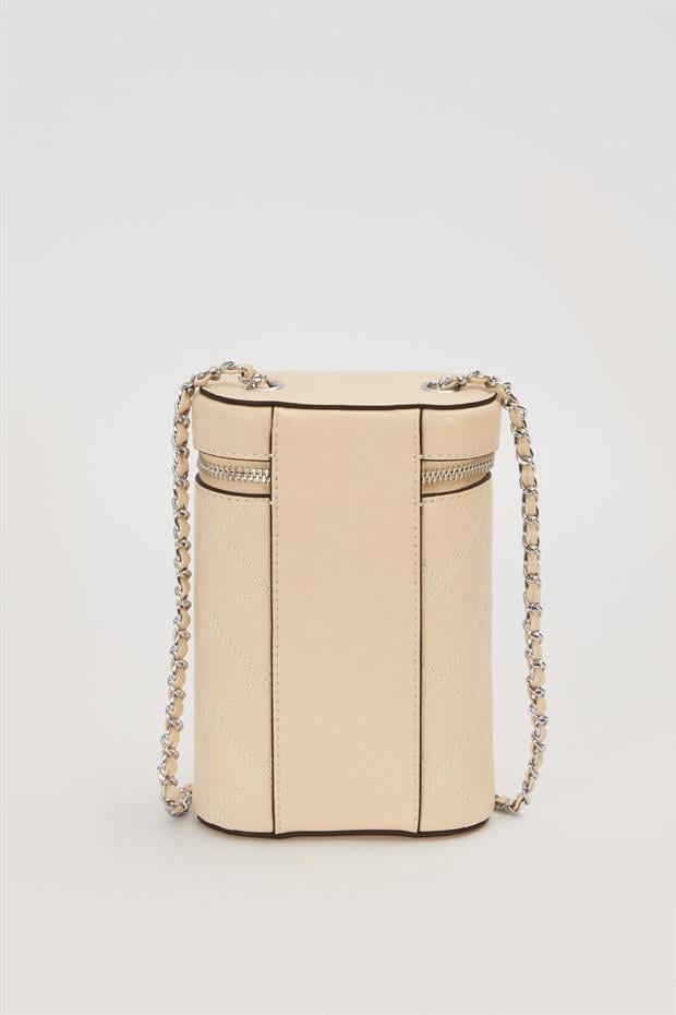 Krem Silindir Form Kapitone Omuz Çantası