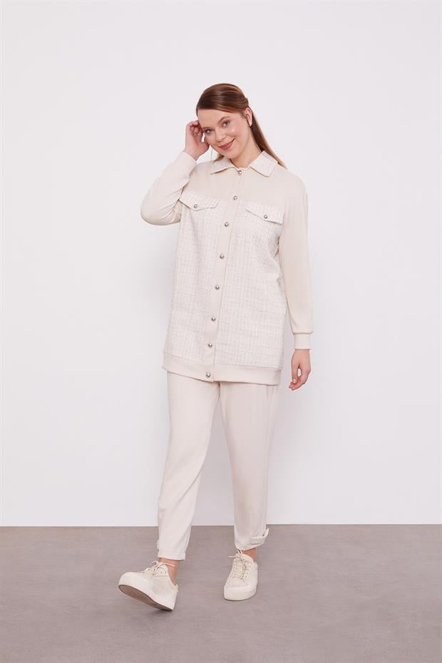 Krem Sim Detaylı Ceketli İkili Takım