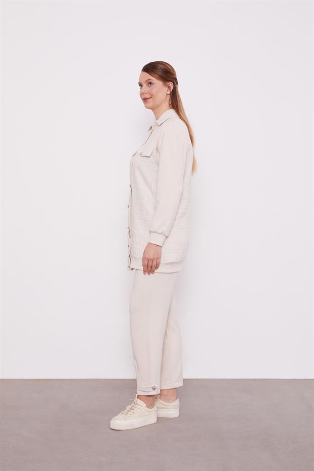 Krem Sim Detaylı Ceketli İkili Takım