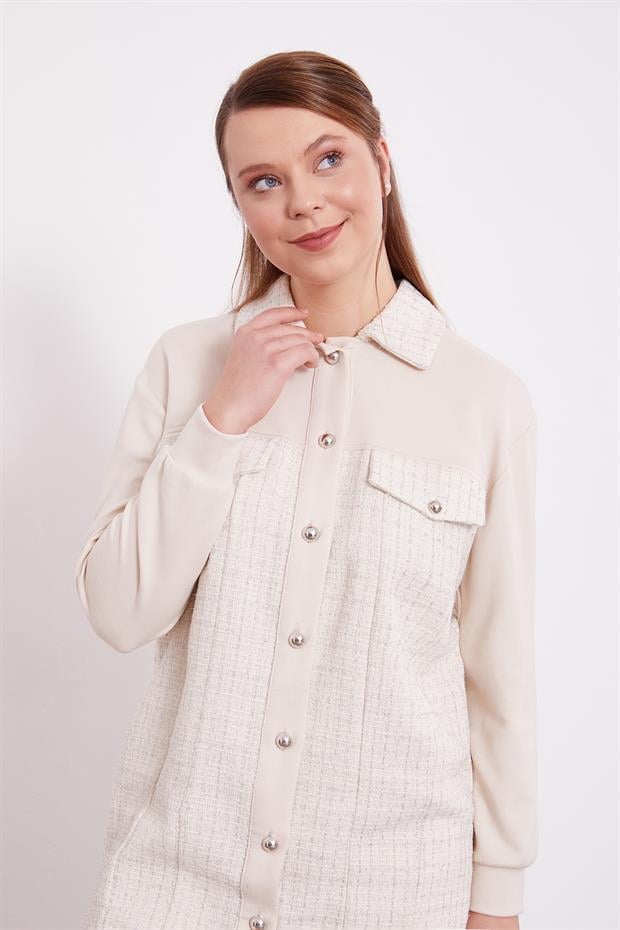 Krem Sim Detaylı Ceketli İkili Takım