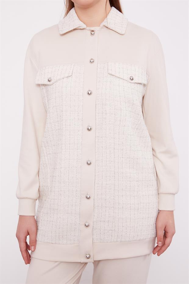 Krem Sim Detaylı Ceketli İkili Takım