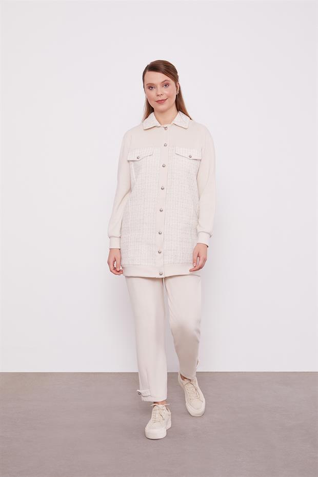 Krem Sim Detaylı Ceketli İkili Takım