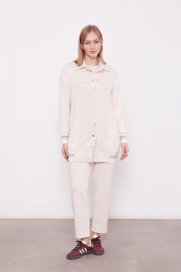 Krem Simli Ribana Detay Takım