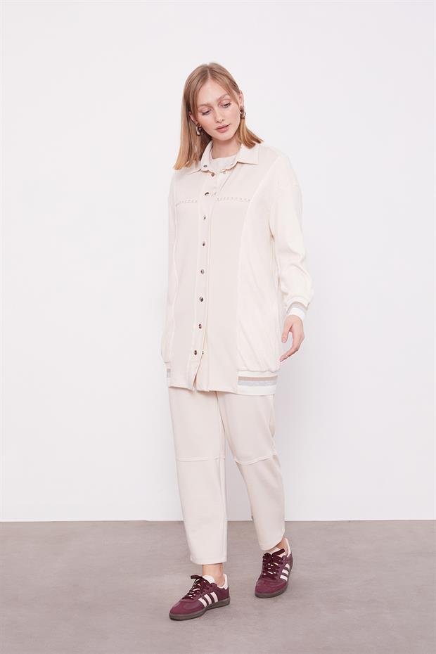 Krem Simli Ribana Detay Takım