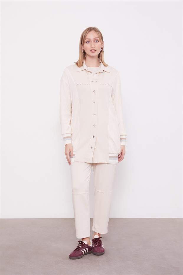 Krem Simli Ribana Detay Takım