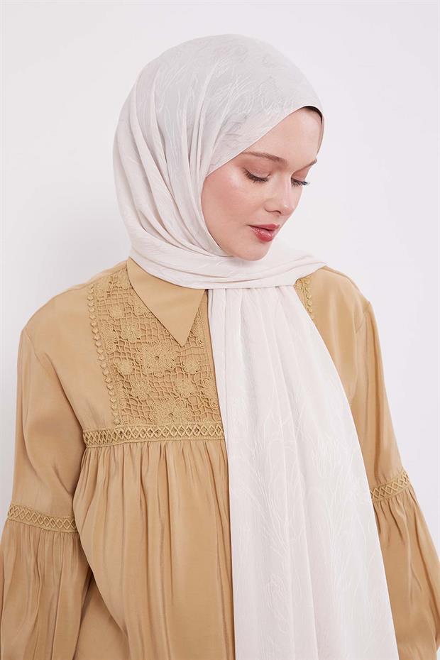 Krem Soyut Lale Desen Jakar Capri Şal