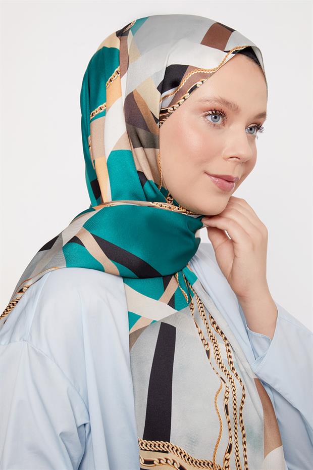 Krem Dalga Zincir Desen Twill Şal