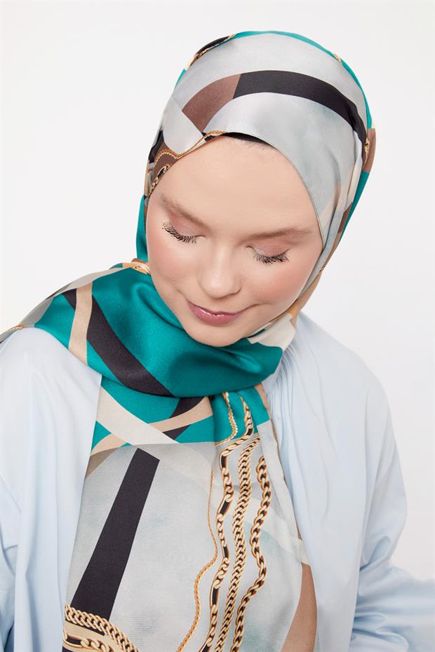 Krem Dalga Zincir Desen Twill Şal