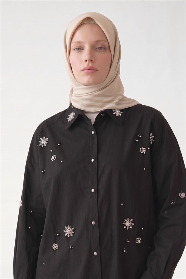 Krem Üç Çizgi Detaylı Twill İpek Eşarp