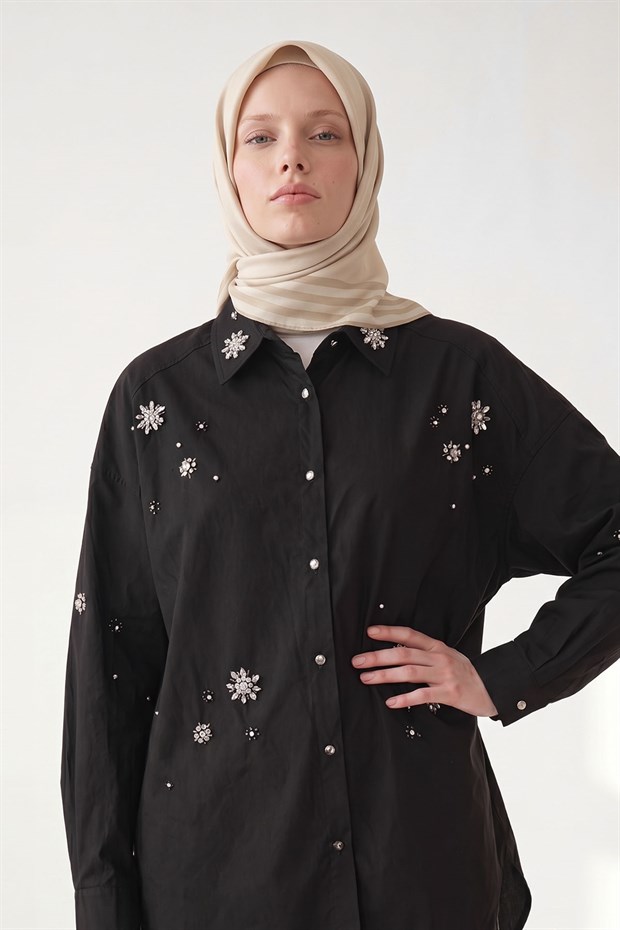 Krem Üç Çizgi Detaylı Twill İpek Eşarp