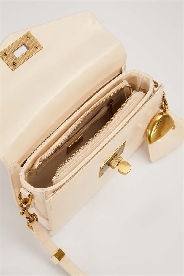 Krem Yarım Metal Kalpli Omuz Çantası