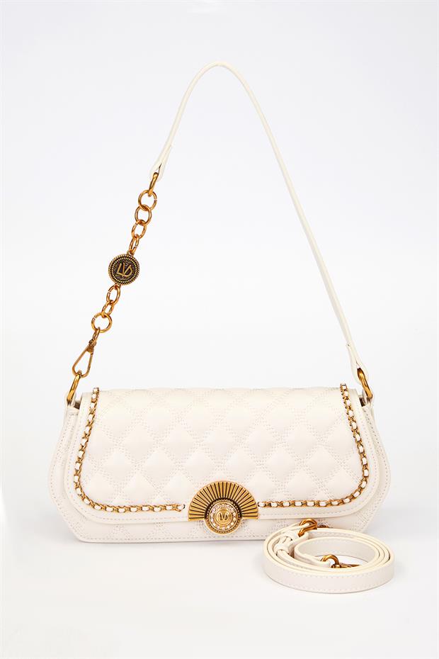 Krem Yelpaze Kilit Detay Çanta