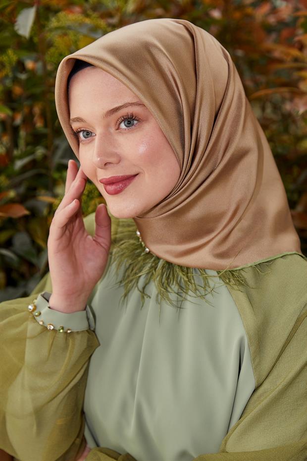 Krem - Yeşil Çift Taraflı Twill İpek Eşarp