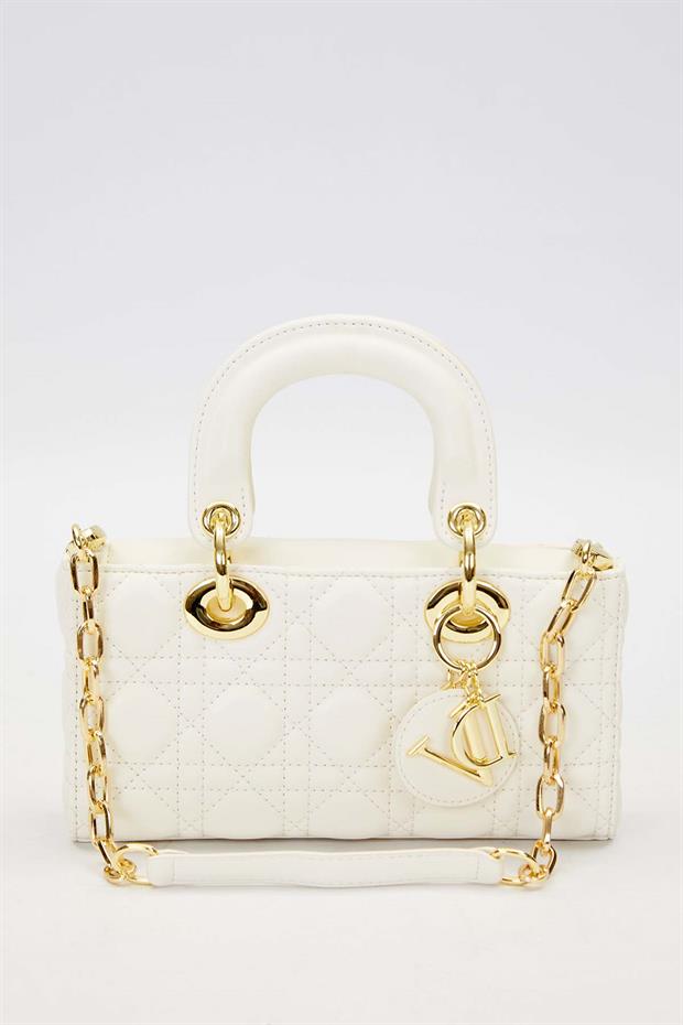 Krem Zincir Askı Aksesuarlı El Çantası