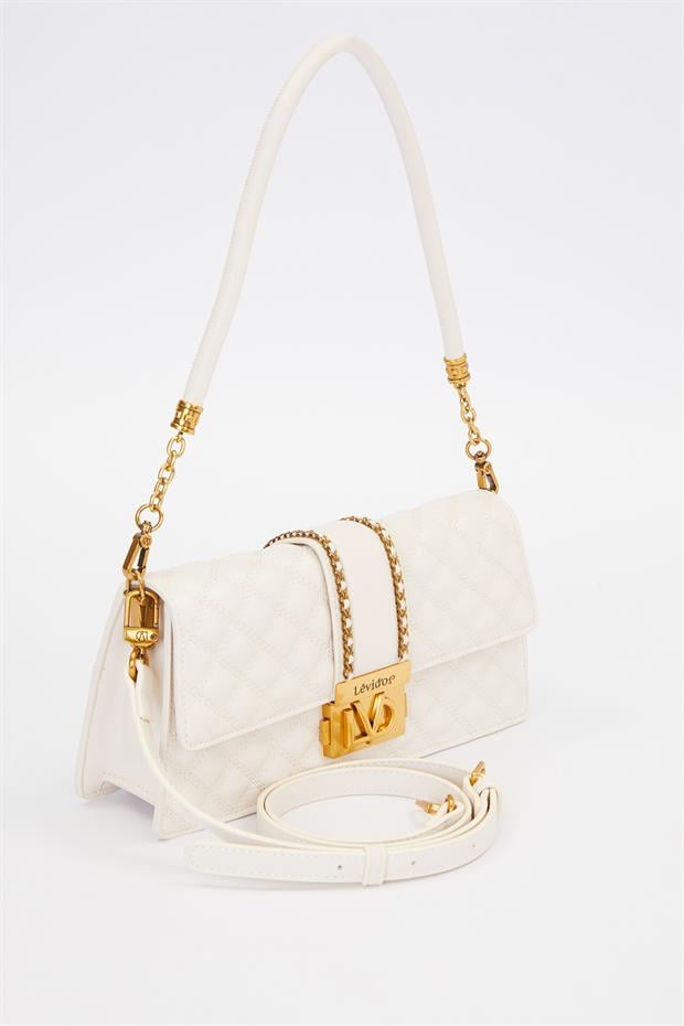Krem Zincir Kemer Desen Omuz Çantası