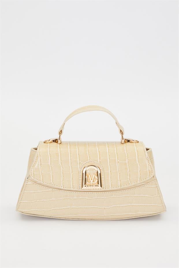 Kroko - Bej Elips Görünümlü El Çantası