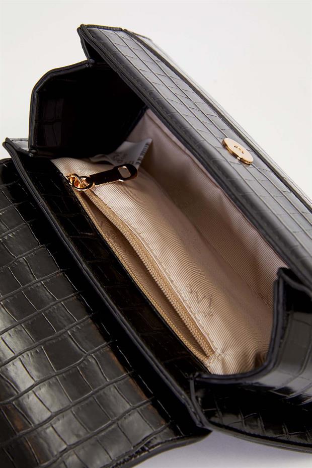 Kroko - Siyah Elips Görünümlü El Çantası