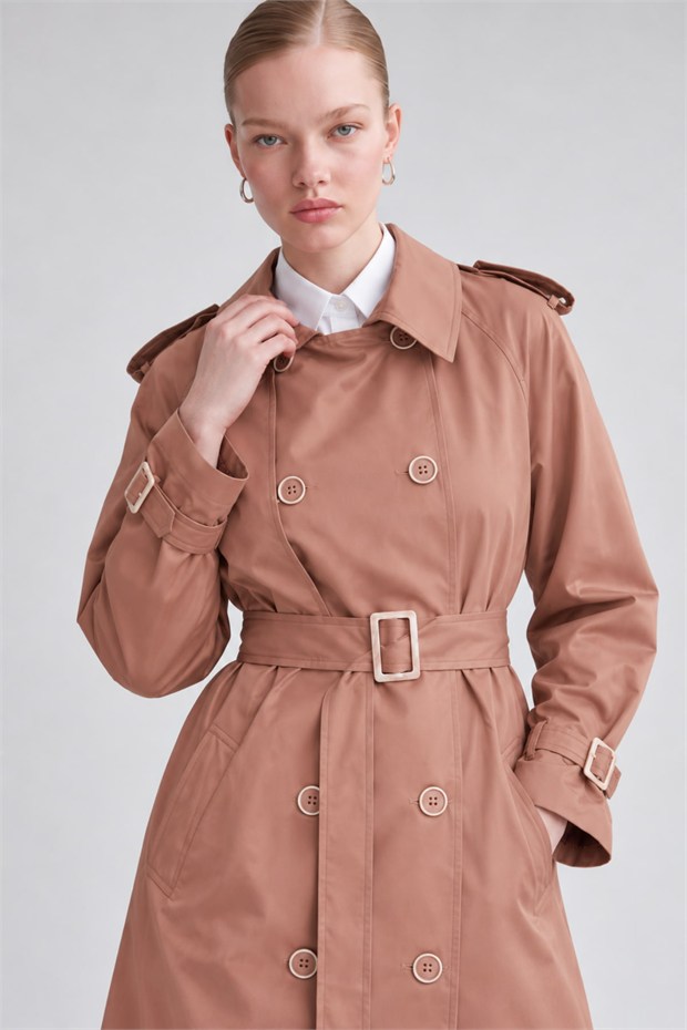 Kruvaze Ekose Astarlı Trençkot Kahve