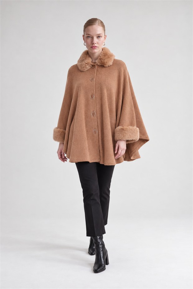 Kürk Detaylı Kaşmir Panço Camel