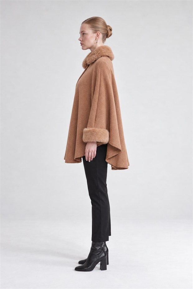 Kürk Detaylı Kaşmir Panço Camel