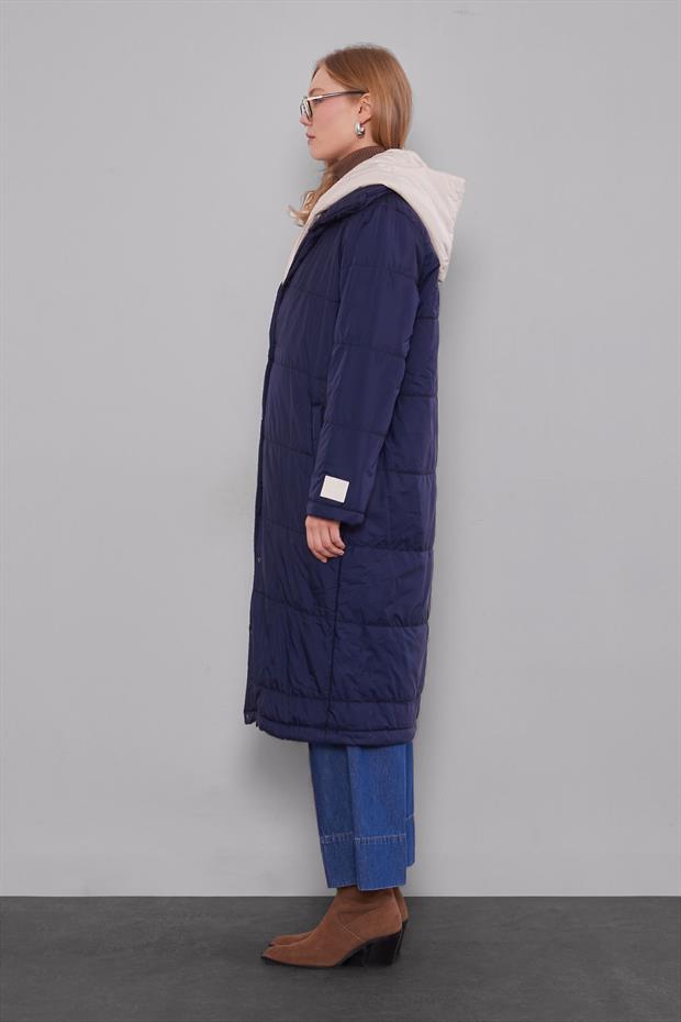 Lacivert - Bej Çift Renk Şişme Mont