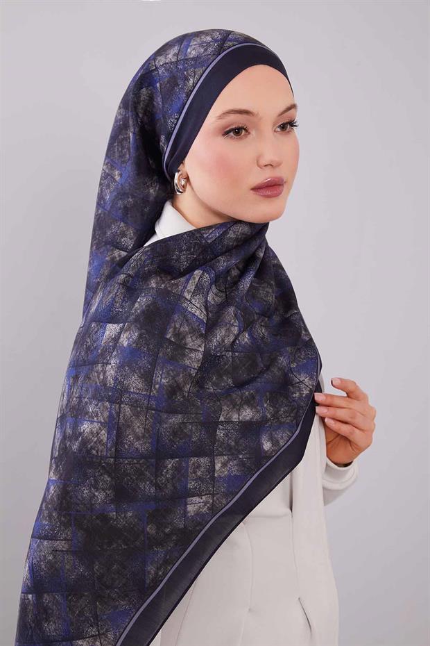 Lacivert Baklava Desen Yün İpek Şal