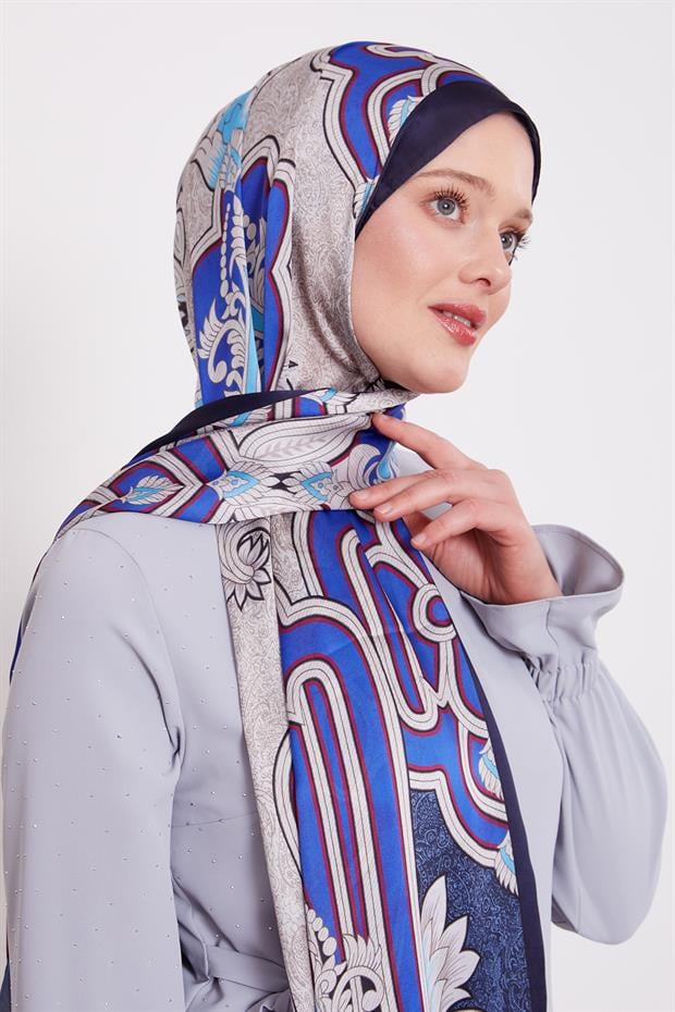 Lacivert Baroklu Hint İpeği Şal