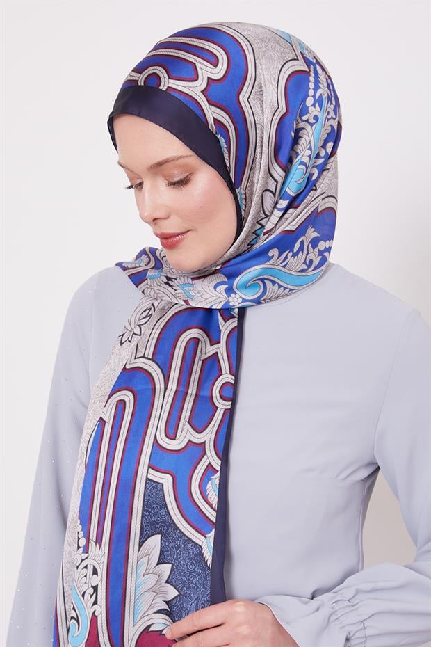 Lacivert Baroklu Hint İpeği Şal