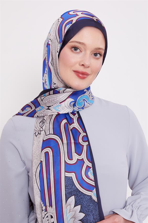 Lacivert Baroklu Hint İpeği Şal