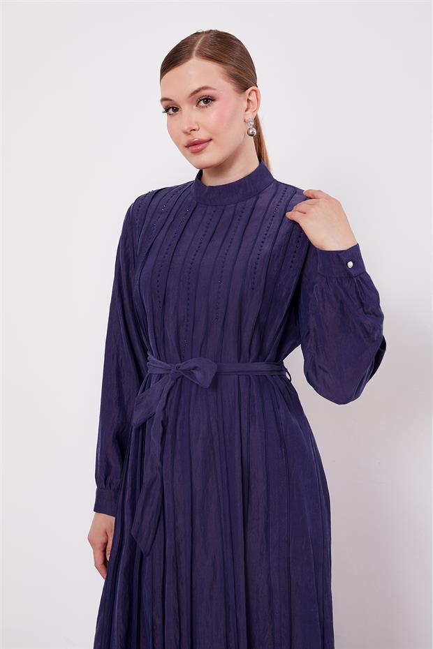 Lacivert Bel Bağlamalı Pile Detaylı Cupra Elbise